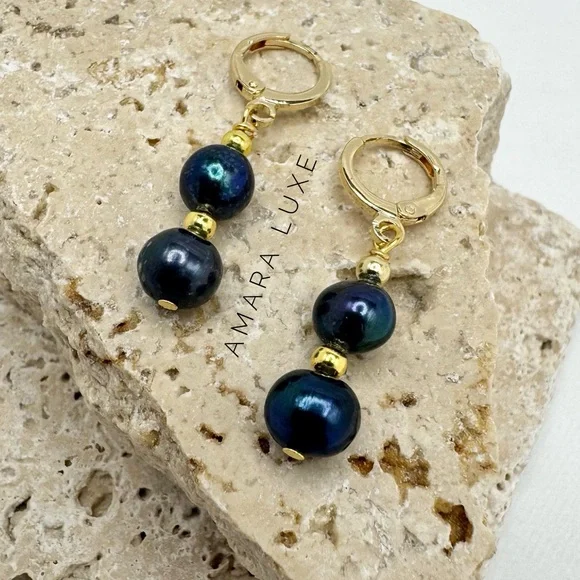 Black Baroque Freshwater Pearl Earrings - Picture 2 of 6